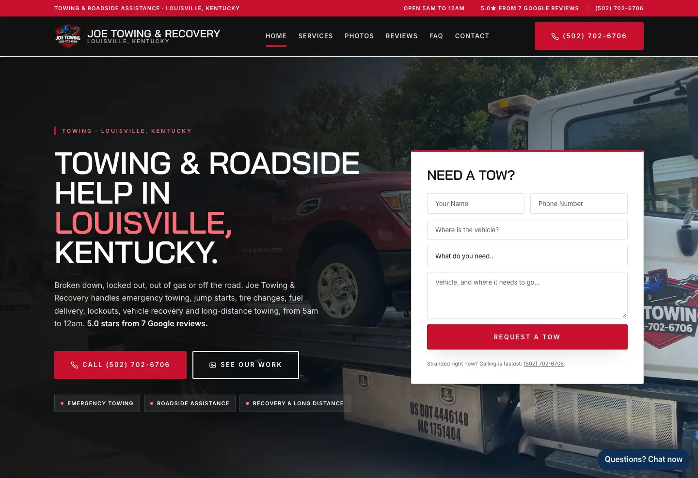The Joe Towing & Recovery site on a desktop screen
