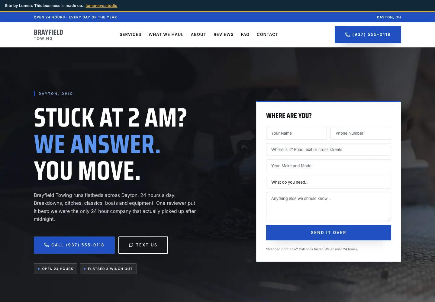 The Brayfield Towing site on a desktop screen