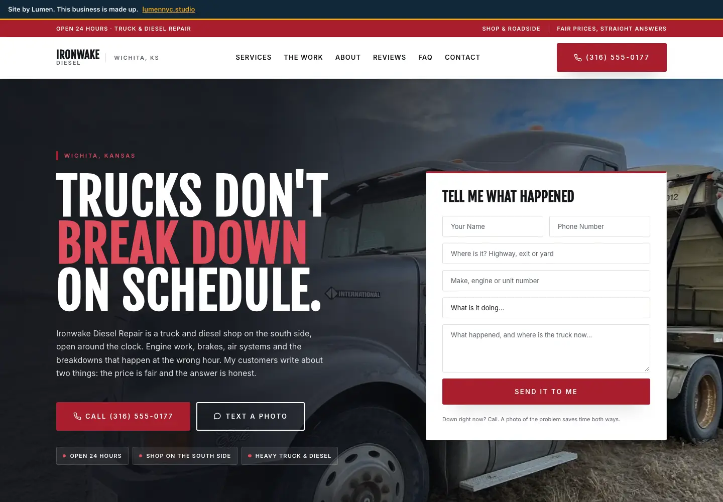 The Ironwake Diesel Repair site on a desktop screen