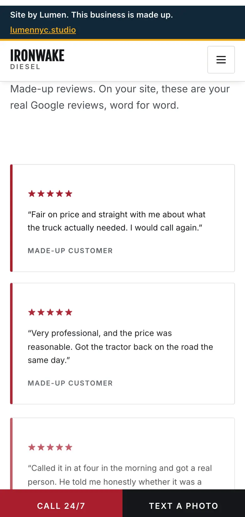 The reviews section of the diesel repair site on a phone