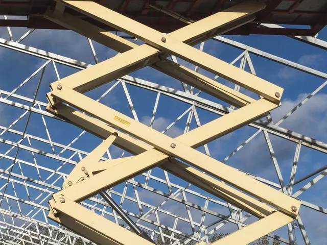 The arms of a raised scissor lift under a steel roof frame